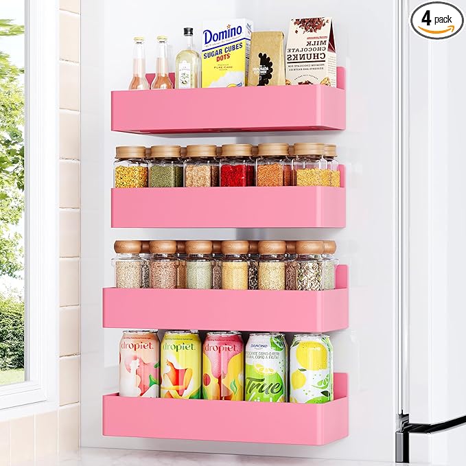 Magnetic Spice Rack for Refrigerator, Kitchen Organizer and Storage Shelf, Pink(4 Pack)