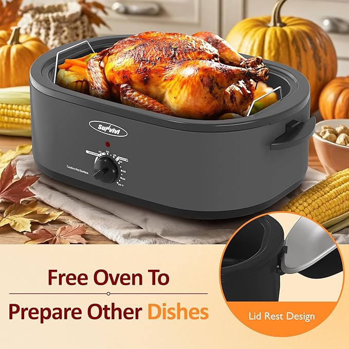 Sunvivi 20-Quart Roaster Oven with Self-Basting Lid, Electric Turkey Roaster Oven with Removable Pan and Rack, Stainless Steel, Grey