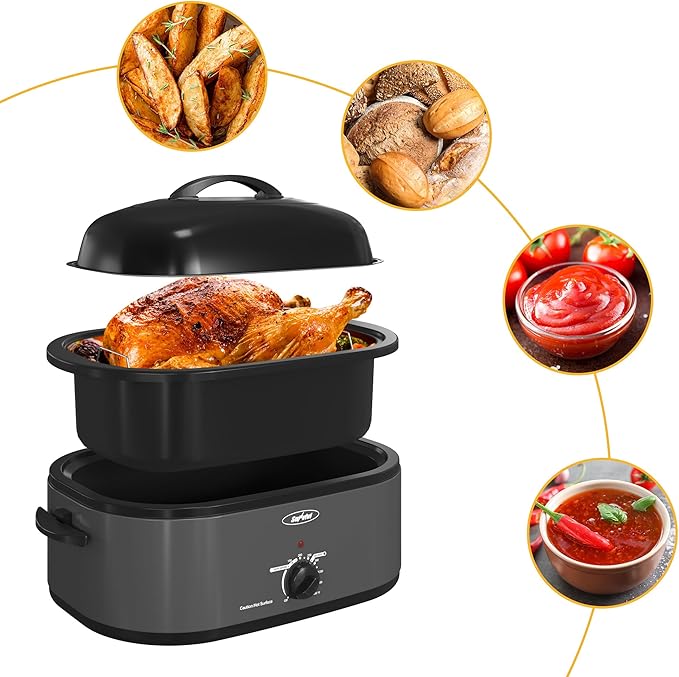 Sunvivi 20-Quart Roaster Oven with Self-Basting Lid, Electric Turkey Roaster Oven with Removable Pan and Rack, Stainless Steel, Grey
