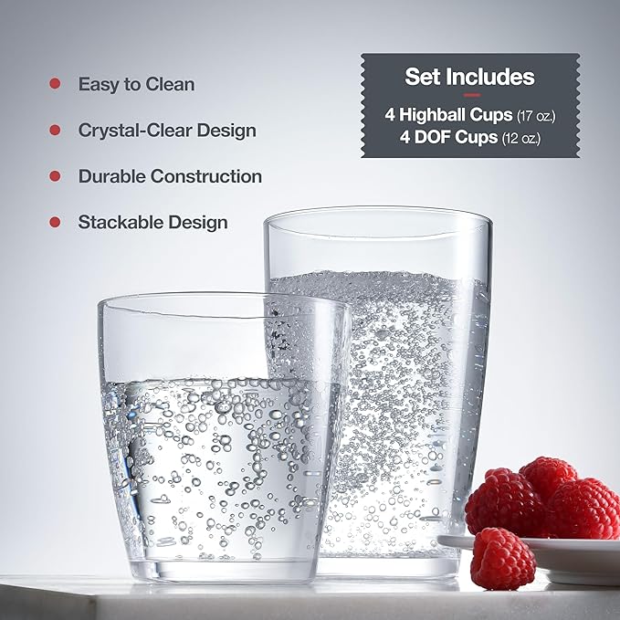 Glaver's Acrylic Drinking Glasses Set of 8 Reusable Modern Drinkware Set, 17 oz. Highball Glasses, 12 oz Whiskey Glass Cups.Unbreakable Square Glassware for Water Juice Cocktails
