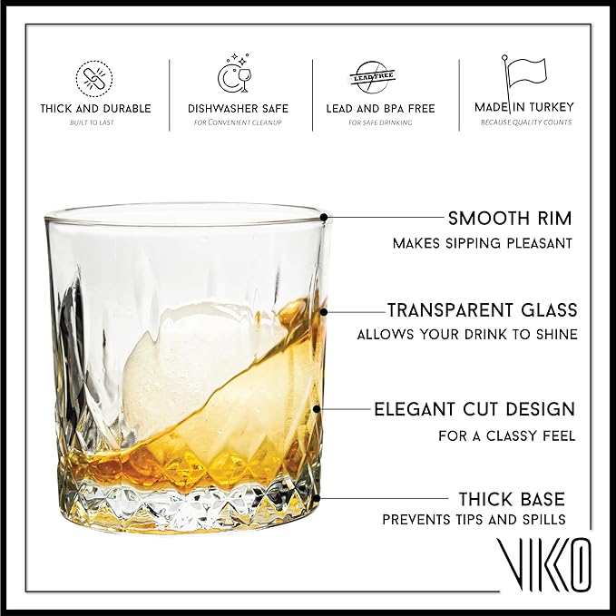 Vikko Whiskey Glasses, Set of 12 Old Fashioned Glasses, Crystal Style Glass Tumblers, 11.25 Ounce Capacity, Elegant Design, Dishwasher Safe