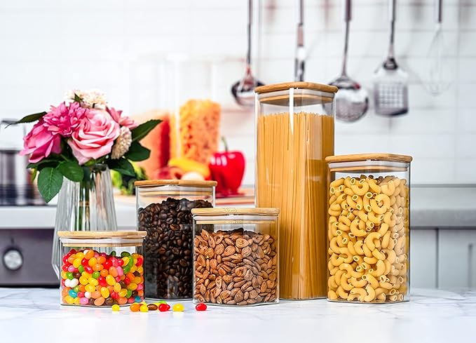 5 Square Canisters, Glass Kitchen Canister with Airtight Bamboo Lid, Glass Storage Jars for Kitchen, Bathroom and Pantry Organization Ideal for Flour, Sugar, Coffee, Candy, Snack & More