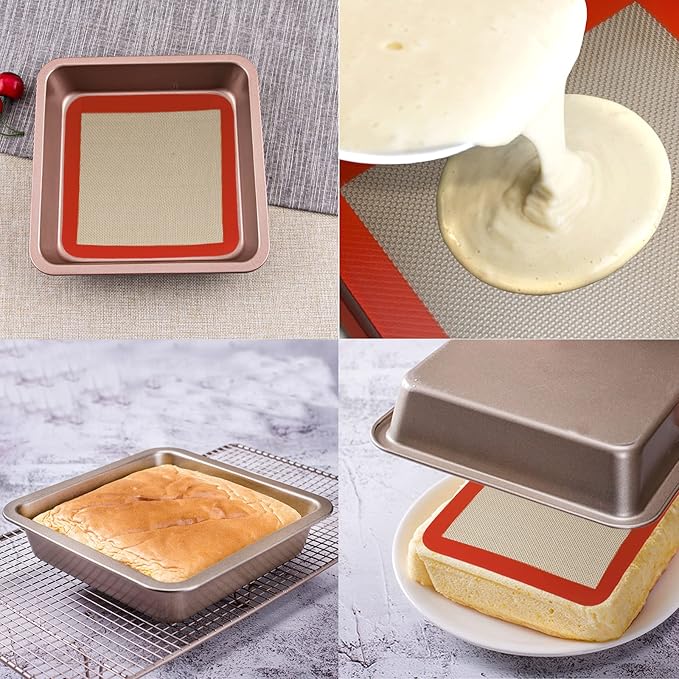 Square Silicone Baking Mats for 9 Inch Cake Pan, 8.5" Food Grade Non-stick Reusable Silicone Mat for Baking Pan for Bread/Pastry/Toast/Pie, Professional Cookie Sheets Liners for Brownie Pan 2 PCS