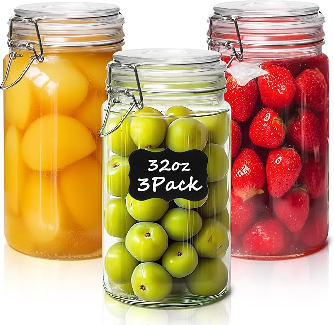 ComSaf Glass Jars with Airtight Lid Set of 3, Mason Jars 32 oz, Pickling Jar, Canning Jar 32oz, 32 oz Glass Containers with Lids for Kitchen, Pickle, Flour, Cereal, Pasta, Sugar, Herb