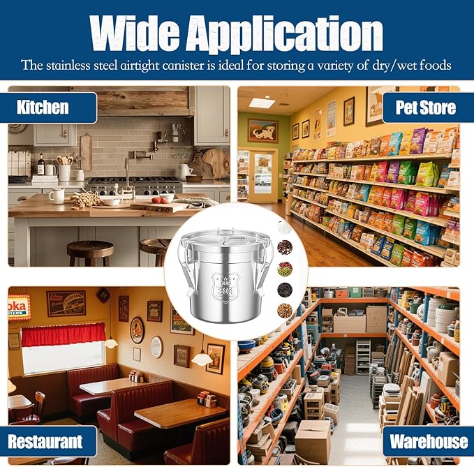 304 Stainless Steel Airtight Canister, 1.6Gal /203oz Airtight Food Storage Container with Lid and Lock Clips, Large Metal Pantry Storage Canister for Coffee Beans, Flour, Tea, Sugar, Cereals, 6L