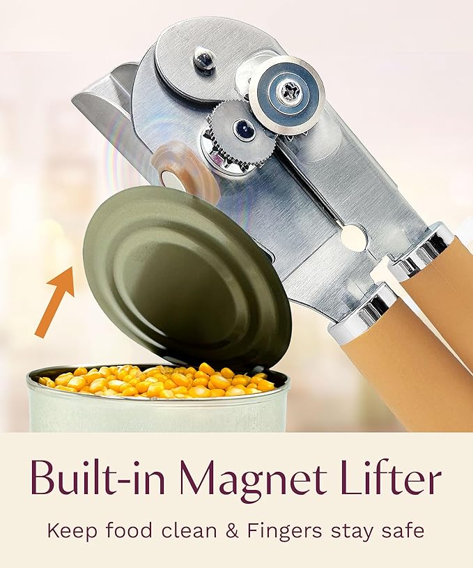 Premium Multifunctional Magnetic Manual Can Opener and Bottle Opener, Heavy Duty Stainless Steel Sharp Cutting Blade and Oversized Easy Turn Knob, Soft-Touch Handle, Kitchen Use, Orange