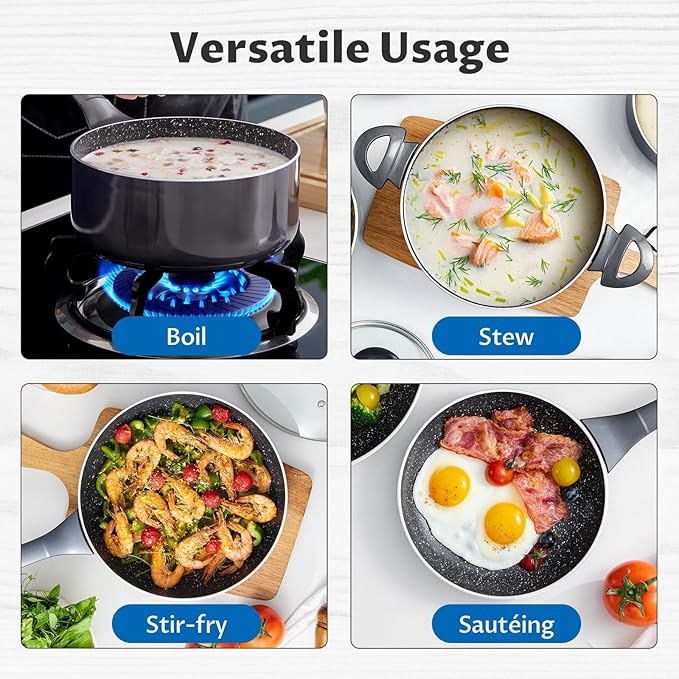 Induction Cookware Pots and Pans Set 10 Piece, BEZIA Dishwasher Safe Nonstick Cooking Pans, Stay-Cool Bakelite Handle, Scratch Resistant Kitchen Sets with Frying Pans, Saucepans & Stockpot (Black)