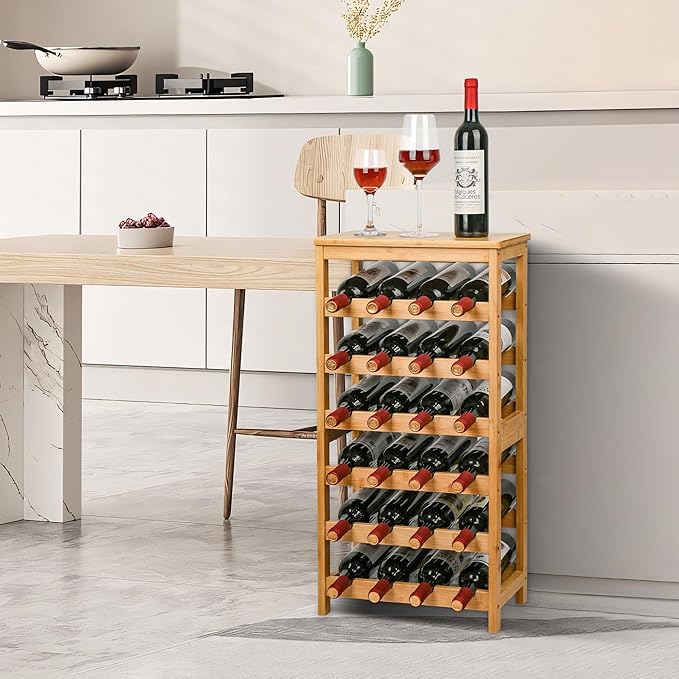 VASMIA Wine Rack Free Standing Floor, 6-Tier Display Wine Storage Shelves with Table Top, 24-Bottle Bamboo Wine Rack Shelf for Kitchen Bar Dining Room Living Room, Natural