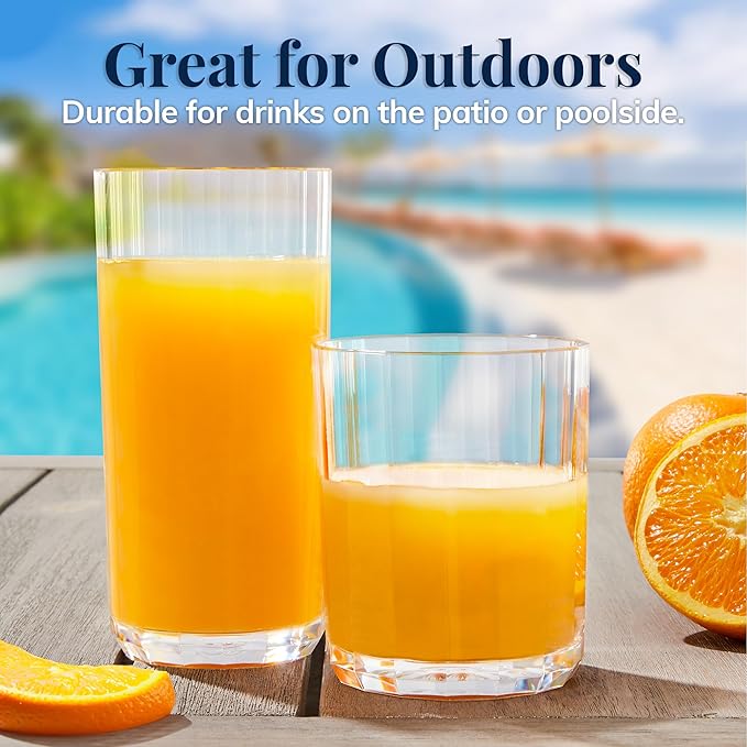US Acrylic Faceted Clear Plastic Reusable Drinking Glasses (Set of 8) 14oz Rocks & 18oz Water Cups | BPA-Free Tumblers, Made in USA | Top-Rack Dishwasher Safe