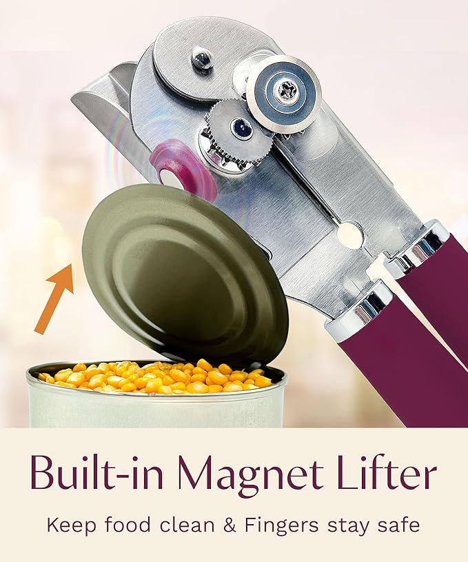 Premium Multifunctional Magnetic Manual Can Opener and Bottle Opener, Heavy Duty Stainless Steel Sharp Cutting Blade and Oversized Easy Turn Knob, Soft-Touch Handle, Kitchen Use, Mauve