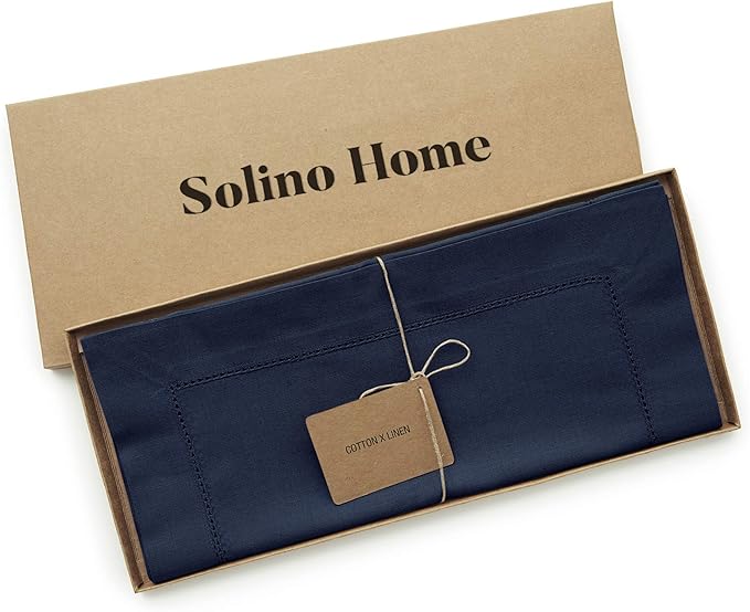 Solino Home Navy Table Runner 120 Inches Long - Cotton Linen Hemstitch 14 x 120 Inch Table Runner for Dining, Summer, Fall, Autumn