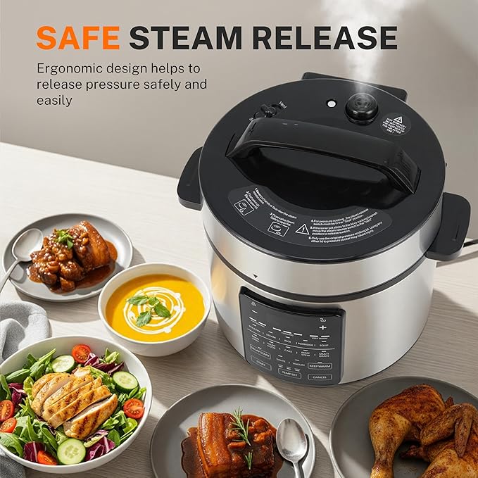 Simple Deluxe 14-in-1 Electric Pressure Cooker - 6QT Stainless Steel Slow & Rice Cooker, Steamer, Sauté, Yogurt Maker, Multi-Cooker with Dishwasher-Safe & Non-Stick