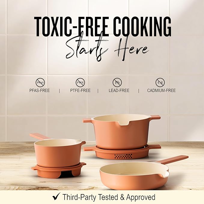Alva Neat 5-Piece Nesting Cookware Set – Stackable Nonstick Pots & Pans with Universal Lids, Space-Saving Design for Apartments, RVs & Compact Storage - Save 50% Cabinet Space