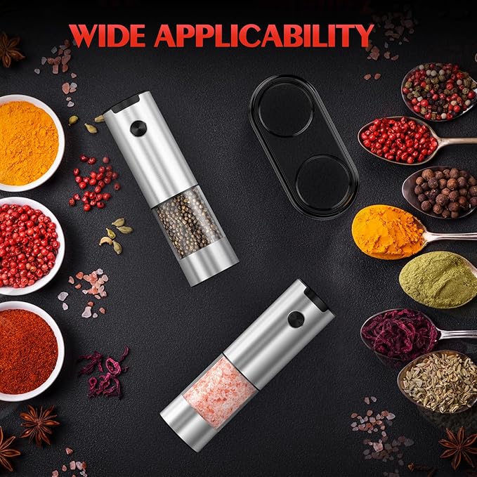 Stainless Steel Electric Salt and Pepper Grinder Set-One-Touch Battery Operated Mill with Adjustable Coarseness & LED Light, Sleek & Durable Grinder for Kitchen New Home Gift Ideas (2 Pack)