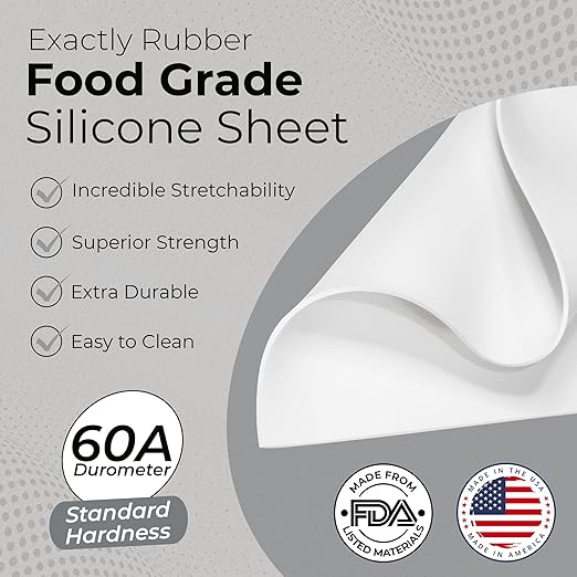 Exactly Rubber - White Silicone Sheet, 60A Durometer Silicone Mat, Food-Grade Rubber Mat with -80 to 450°F Temperature Resistance, 400% Elongation, Silicone Placemat Made in The USA, 1/32 x 9” x 36”