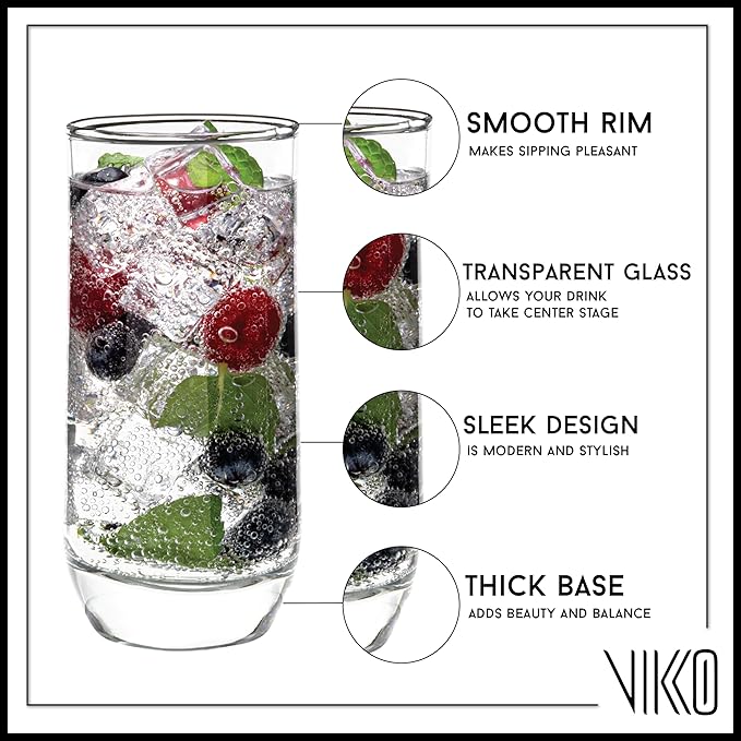 Vikko Drinking Glasses, 12 Oz Drinking Glasses Set of 12, Crystal Clear Glass Cups for Water or Juice, Highball Glass Tumbler & Water Glasses for Drinking…