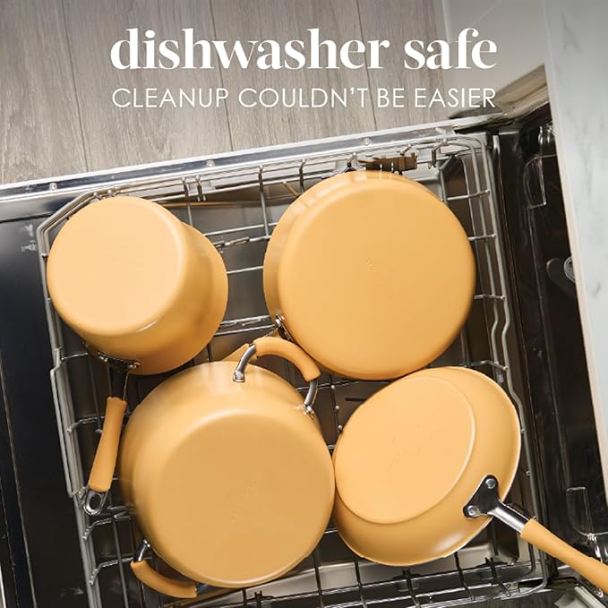 Rachael Ray Cucina Ceramic Cookware Set - 13 Pieces - Ceramic Pots and Pans Set w/Nonstick Frying Pans, Saute Pan, Saucepans, Stockpot, Lids, Pan Protectors & Cooking Utensils - Turmeric