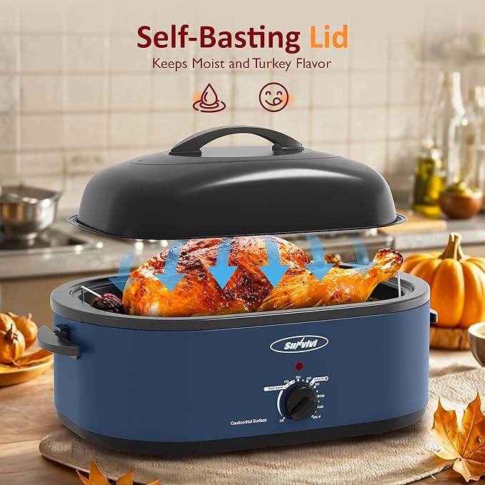 Sunvivi 18-Quart Roaster Oven with Self-Basting Lid, Electric Turkey Roaster Oven with Removable Pan and Rack, Stainless Steel, Blue
