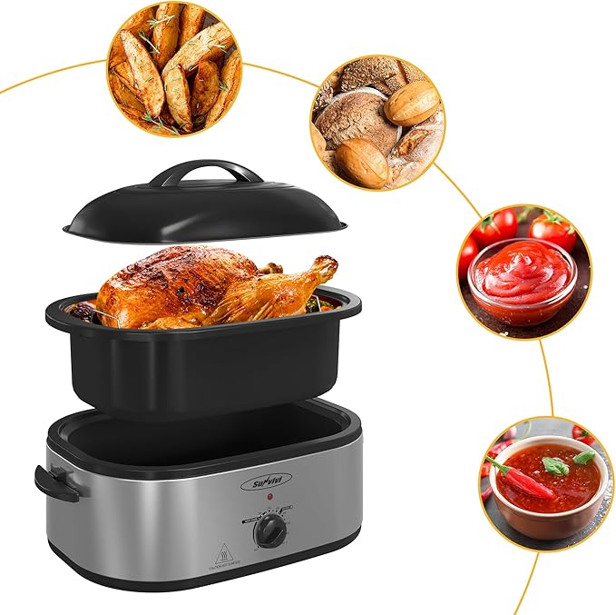 Sunvivi 18-Quart Roaster Oven with Self-Basting Lid, Electric Turkey Roaster Oven with Removable Pan and Rack, Stainless Steel, Sliver