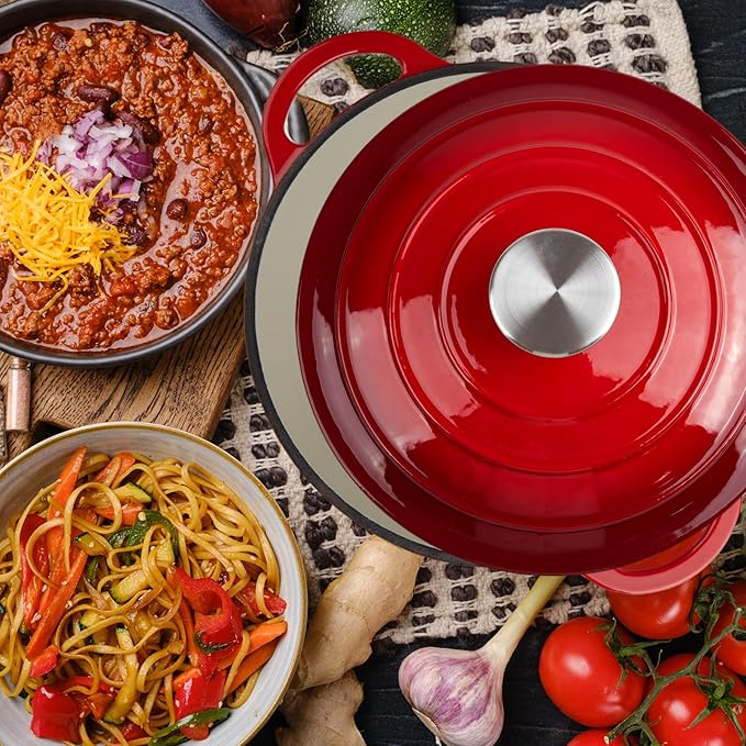 3 Quart Dutch Oven Enameled Cast Iron with Lid - Big Dual Handles - Oven Safe up to 500°F - Classic Round Pot for Versatile Cooking Red