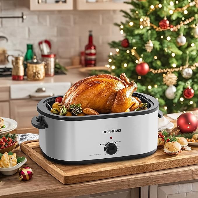 24QT Electric Roaster Oven, Electric Turkey Roaster with Viewing & Self-basting Lid, Stainless Steel Turkey Roaster Oven, Silver