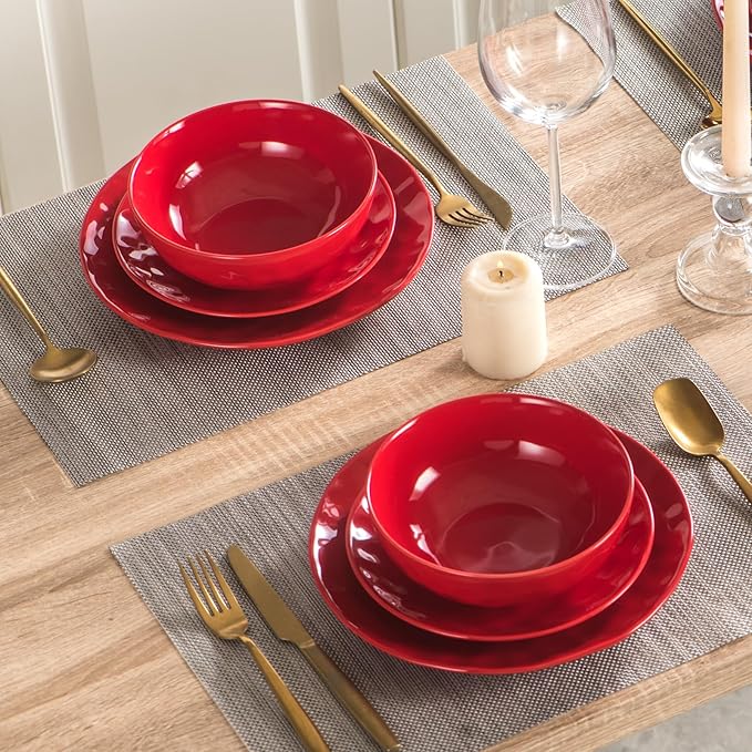 vicrays Ceramic Dessert Salad Plates, 8 Inch, Microwave, Oven, and Dishwasher Safe, Round, Porcelain Fluted Suitable for Snacks, Appetizer, Home, Party, Restaurant - Set of 6 Red