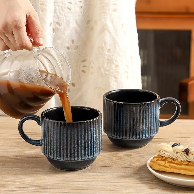 glowworm Coffee Mugs Set of 4, 15 Oz Stackable Coffee Mugs with Rack, Ceramic Cups for Home, Office, Housewarming & Engagement Gifts, Microwave & Dishwasher Safe, Navy Blue