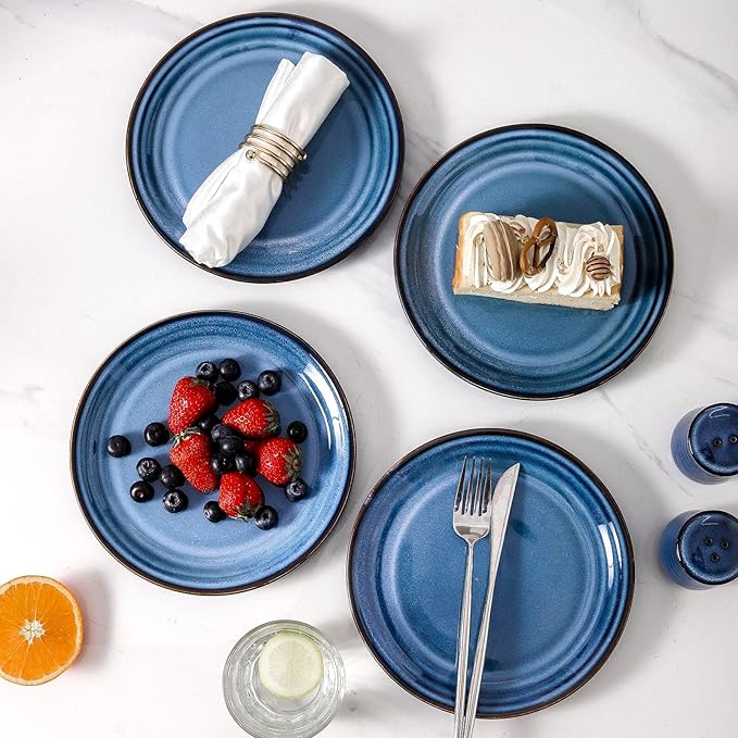 Hasense Dessert Plates Set of 4, 8 Inch Porcelain Salad Dinner Plates Set for Kitchen, Flat Serving Dishes for Appetizer, Pasta, Side Dish, Snack, Microwave and Dishwasher Safe, Blue