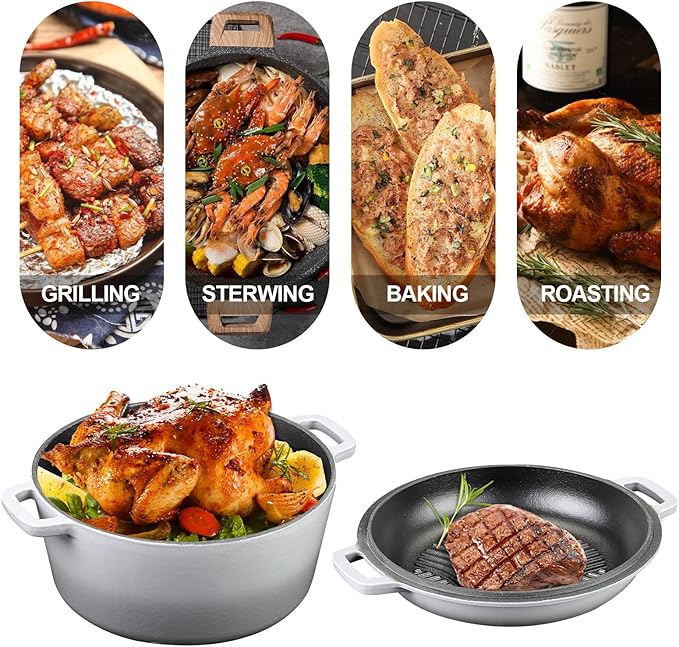 5Qt Dutch Oven, 2-In-1 Enamel Cast Iron Dutch Oven Pot with Skillet Lid, Heavy Duty Oven Safe Cookware for Sourdough Bread Baking Braising, Roasting Stewing Frying Simmering, Multi Stoves, Easy Clean (Gradient Grey)