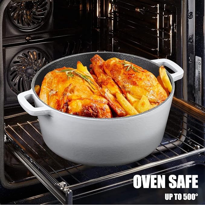 5Qt Dutch Oven, 2-In-1 Enamel Cast Iron Dutch Oven Pot with Skillet Lid, Heavy Duty Oven Safe Cookware for Sourdough Bread Baking Braising, Roasting Stewing Frying Simmering, Multi Stoves, Easy Clean (Gradient Grey)