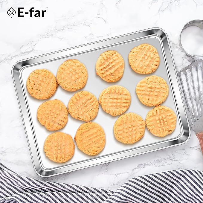 E-far Stainless Steel Baking Sheet, 12.4” x9.7” Baking Cookie Sheet Pan for Oven, Non-toxic Metal Toaster Oven Tray for Cake Cookie, Healthy & Rust Free, Mirror Finish & Dishwasher Safe, 1 Pack