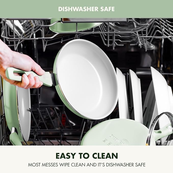 GreenPan Dover 8” & 10” 2 Piece Frying Pan Skillet Set, Non-Toxic PFAS-Free Ceramic Nonstick Coating, Sear Saute Fry Egg Omlete, Dishwasher & Oven Safe, Stay Cool Handle, Easy Pour Rims, Pastel Green