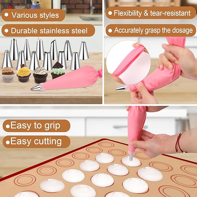 29P Macaron Silicone Baking Mats-Coldairsoap 2 Half Sheet Macaron Silicone Baking Mats 11.6"x16.5",1 Egg Separator,1 Pastry Brush,1 Spatula,12 Frosting Tips,2 Piping Bags, 1 Coupler, 6 Embossing Molds