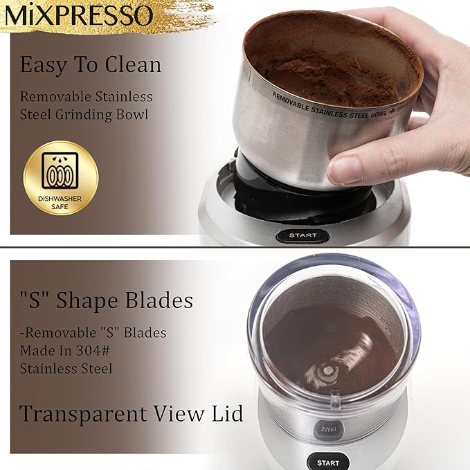 Mixpresso Electric Coffee Grinder 12 Cup Capacity, 304 Stainless Steel Blade, Espresso Bean Grinder, Removable Chamber, Coffee Grinder Electric with 5 Presets For Spices & More