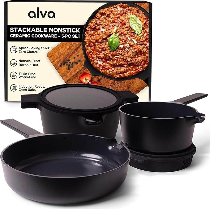 Alva Neat 5-Piece Nesting Cookware Set – Stackable Nonstick Pots & Pans with Universal Lids, Space-Saving Design for Apartments, RVs & Compact Storage - Save 50% Cabinet Space