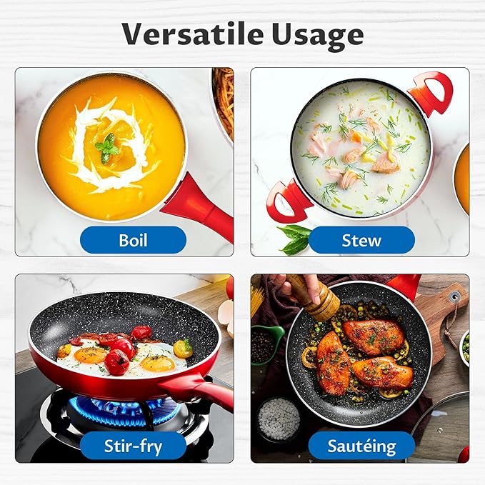 Induction Cookware Pots and Pans Set 10 Piece, BEZIA Dishwasher Safe Nonstick Cooking Pans, Stay-Cool Bakelite Handle, Scratch Resistant Kitchen Sets with Frying Pans, Saucepans & Stockpot (Red)