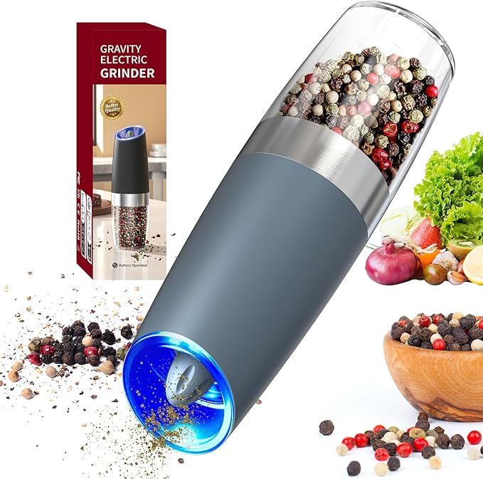 CIRCLE JOY Gravity Electric Pepper Grinder, Pepper Griner Mill Electric with LED Light, Battery Operated, Adjustable Coarseness, Washable 135ml Container, Blue
