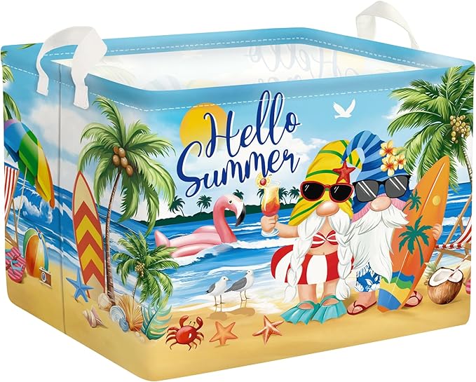 Summer Tropical Beach Storage Basket Collapsible Clothes Kid Laundry Hamper Palm Tree Large Picnic Basket Boy Girl Book Toy Box Bin, Blue, 36L