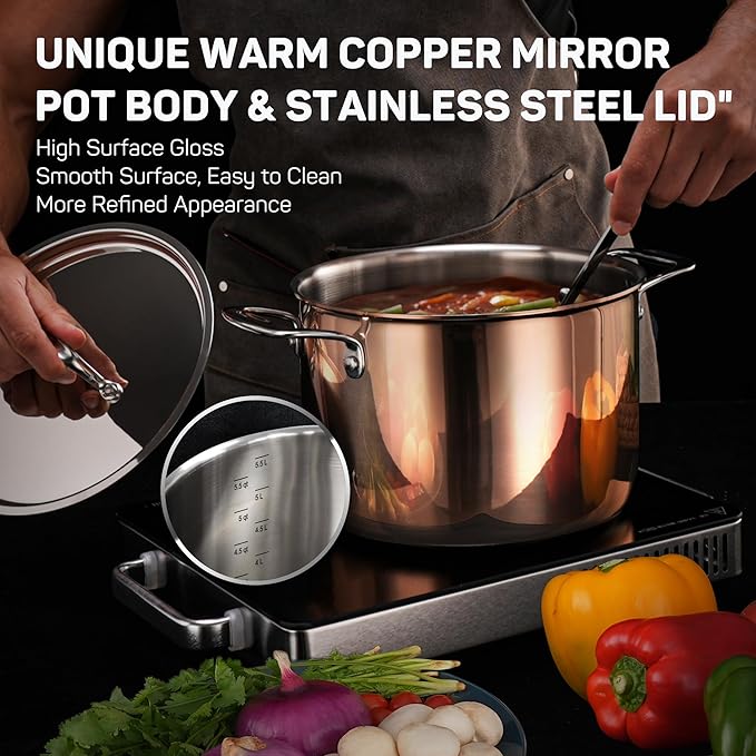 Whole Tri-ply 18/10 Stainless Steel Pot and Pan Set (10 Piece), Copper Pots and Pans Set with Stainless Steel Lid, Induction Cookware Set, Include Stock Pot, Saucepan, Frying Pan - Copper