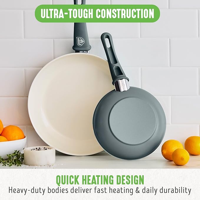 GreenLife Non Stick Fry Pan Set (7" & 10"), Non-Toxic PFAS-Free Ceramic Skillets, Dishwasher & Oven Safe, Egg Omelet Frying Pans, Stay- Cool Handles, Kitchen Home Cooking Essentials, Gray