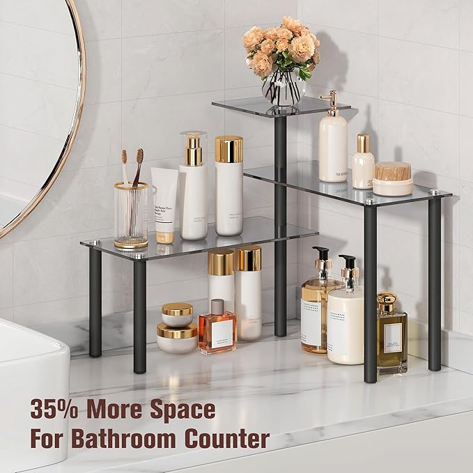 FAVOOSTY Kitchen Counter Shelf, 3 Tier Bathroom Countertop Organizer Moveable Corner Shelf, Tempered Glass Storage Shelf, Space Saving Makeup Organizer Spice Rack Plant Shelf Coffee Bar Dresser Table