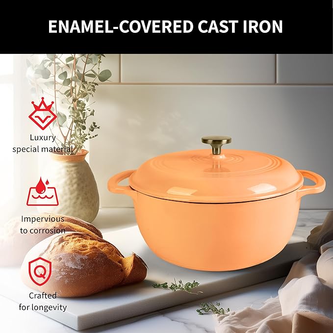 5.5 Quart Enameled Cast Iron Dutch Oven with Lid – Heavy-Duty Cookware for Bread, Braising, and Stews – Dual Handles, Oven Safe to 500°F – Ideal for Stovetop & Oven Cooking (Orange, 5.5QT)