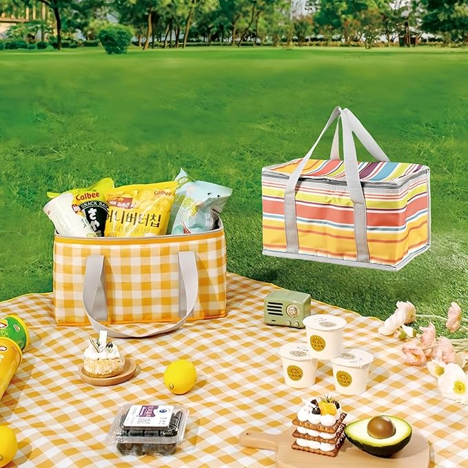 2pcs Insulated Reusable Food Picnic Bag Beach Bags, Beach Bag Cooler Bags with Zippered Top - Insulated Bag for Hot or Cold,Picnic Basket Collapsible, Outdoor Party, Camping,Festivals (C)