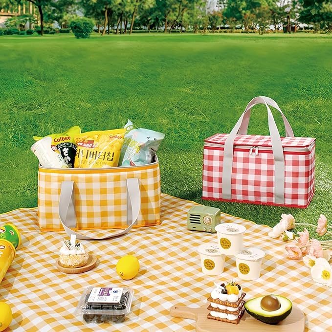 2pcs Insulated Reusable Food Picnic Bag Beach Bags, Beach Bag Cooler Bags with Zippered Top - Insulated Bag for Hot or Cold,Picnic Basket Collapsible, Outdoor Party, Camping,Festivals (A)