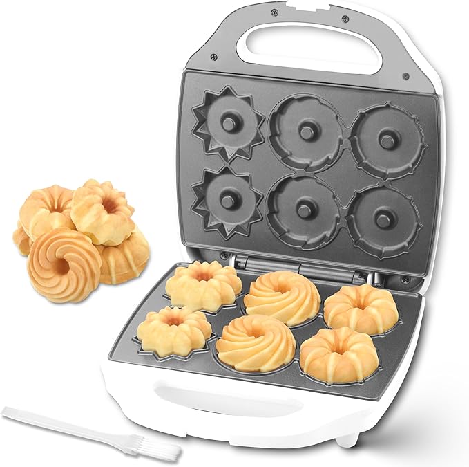 Mini Donut Maker Machine, Electric Mini Bundt Cake Pan, Bake 6 Bundt Doughnuts with 3 Shapes, Excellent for Breakfast, Snacks, Desserts & More