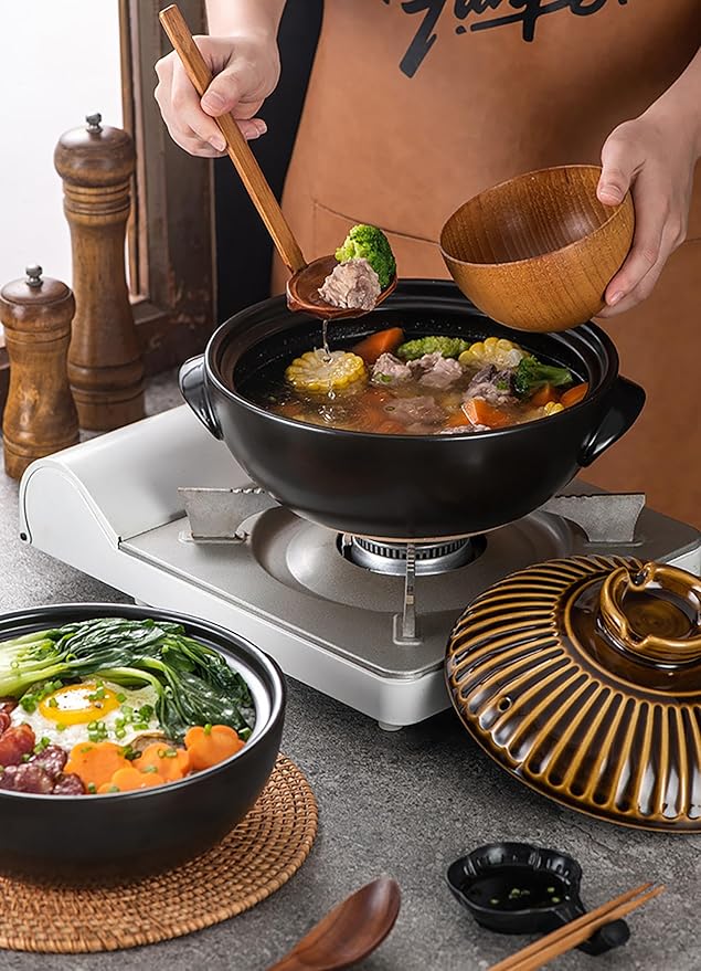 Japanese Donabe Ceramic Hot Pot Retro Heat Resistant Shallow Dutch Oven,Non-Stick Cookware Pot with Lid and Dual Handle for Cooking,Soup, Rice, Stew, Casserole, Noodle,Vintage Green,10in