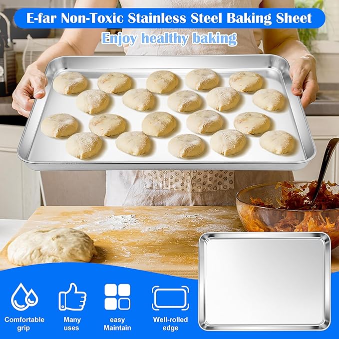 E-far Large Baking Sheets, 20”x14” Stainless Steel Cookie Sheet Pans for Oven, Non Toxic Big Metal Baking Trays for Cake Cookies, Healthy & Rust Free, Mirror Finish & Dishwasher Safe, 2 Pack