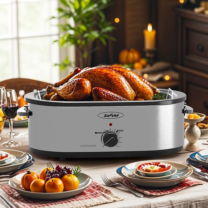 Sunvivi 18-Quart Roaster Oven with Self-Basting Lid, Electric Turkey Roaster Oven with Removable Pan and Rack, Stainless Steel, Sliver