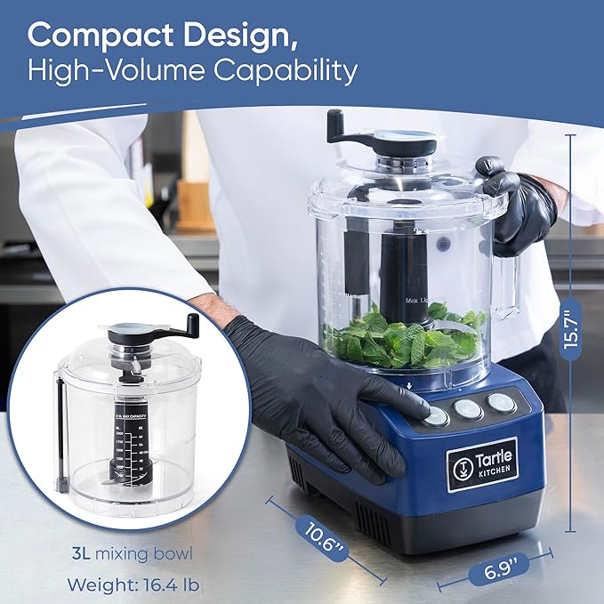 TK Tartle Commercial Food Processor - Heavy-Duty 600W Electric Chopper, Slicer & Shredder w/Flat lid, Continuous Feed, 3L Mixer Bowl & Stainless Steel Blades