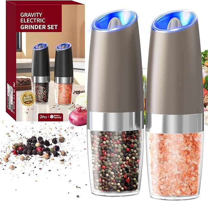 CIRCLE JOY Gravity Electric Salt and Pepper Grinder Set Automatic Salt and Pepper Grinder Set with LED Light, Battery Operated, Adjustable Coarseness, Large Capacity, for Home Kitchen BBQ, Brown